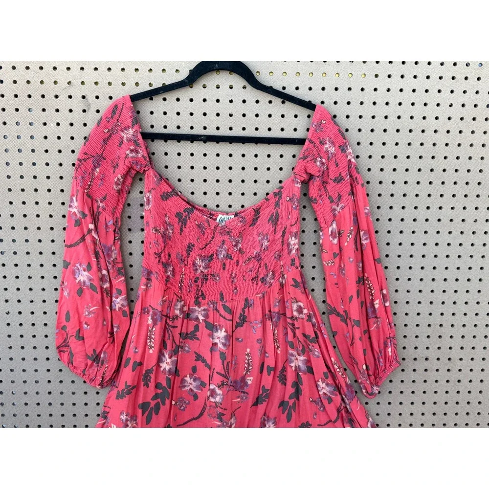 Free People Smocked Floral Off Shoulder Mini Dress Coral Pink Long Sleeve Large